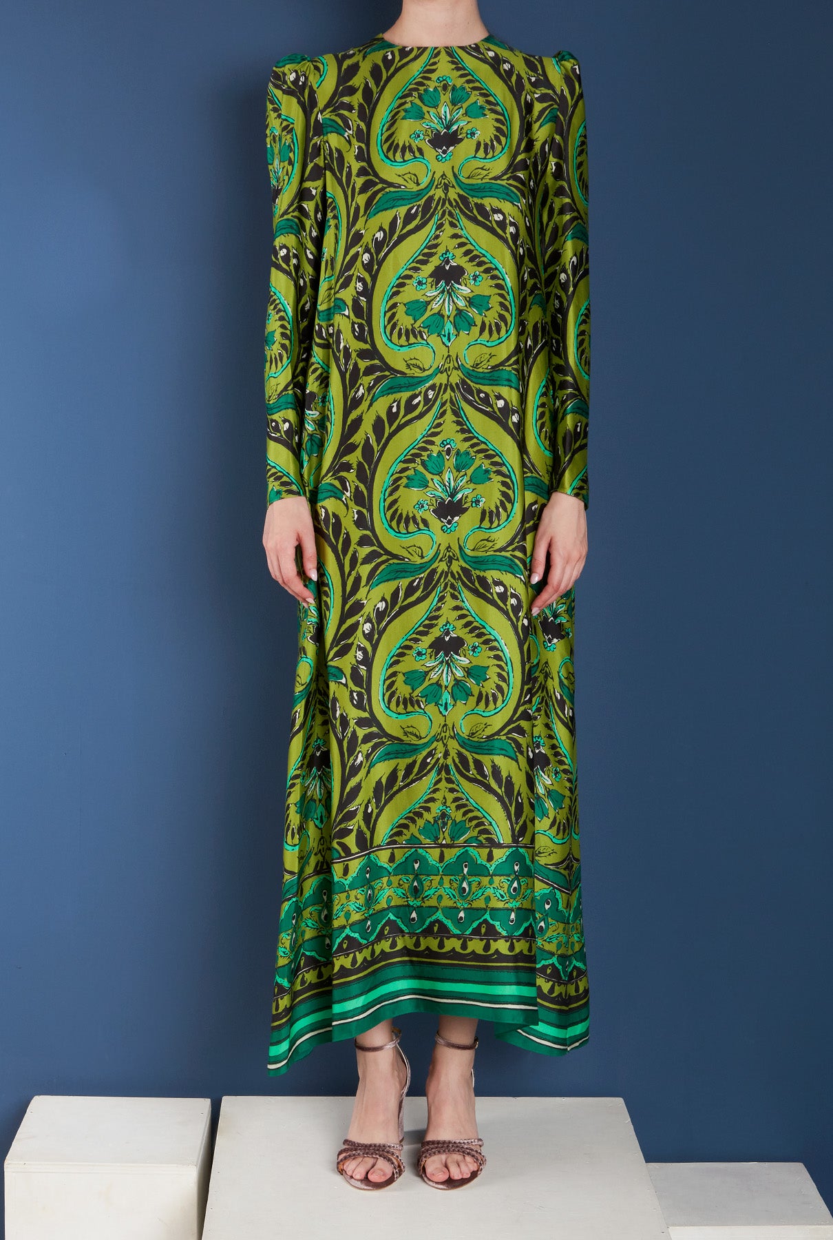 GREEN PAISLEY EVASE DRESS