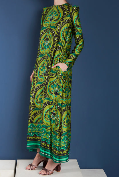 GREEN PAISLEY EVASE DRESS