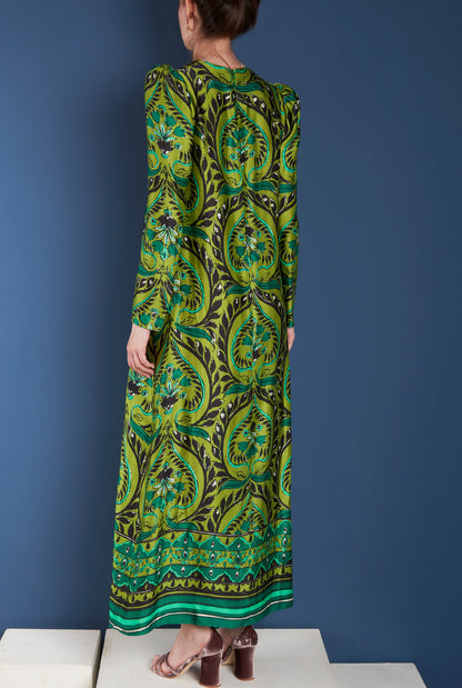 GREEN PAISLEY EVASE DRESS